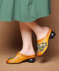 Hollow Out Floral Yellow Cowhide Leather Slide Sandals