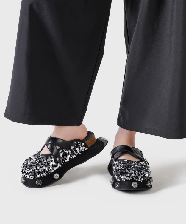 Platform Slide Sandals Black Cowhide Leather Sequins