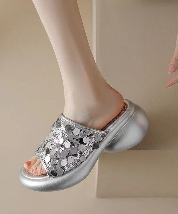 Sequins Platform Silver Breathable Mesh Slide Sandals