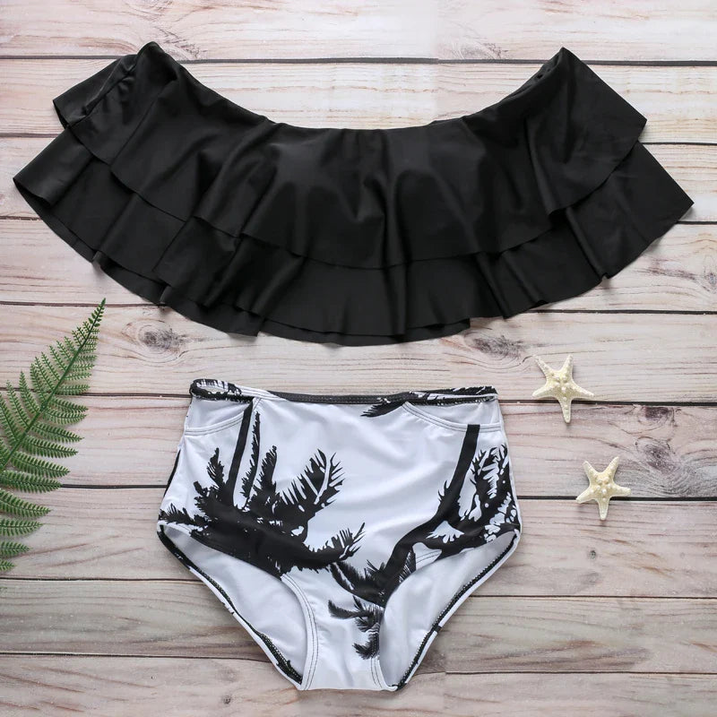 Fashion swimsuit Leaf print bikini Ruffle edge bra swimwear push up bathing suits female beachwear high waist bikini sets