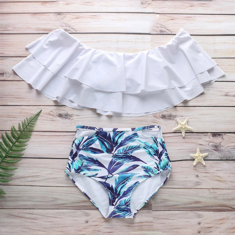 Fashion swimsuit Leaf print bikini Ruffle edge bra swimwear push up bathing suits female beachwear high waist bikini sets