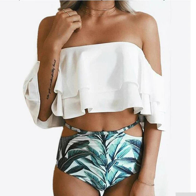 Fashion swimsuit Leaf print bikini Ruffle edge bra swimwear push up bathing suits female beachwear high waist bikini sets