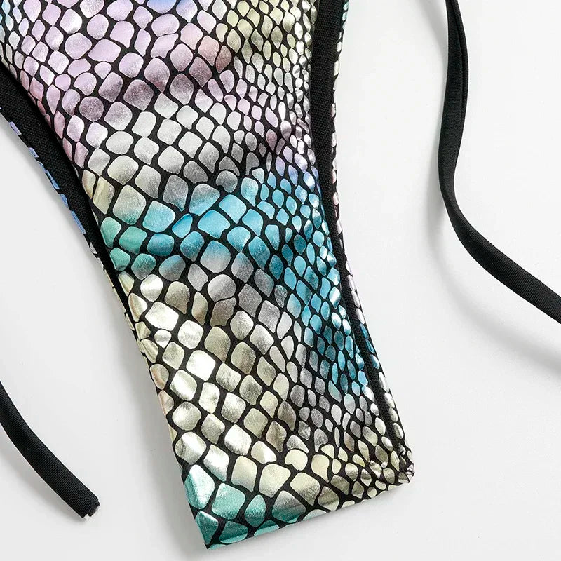 Fish Scales Shiny Halter Triangle Bikinis Sets