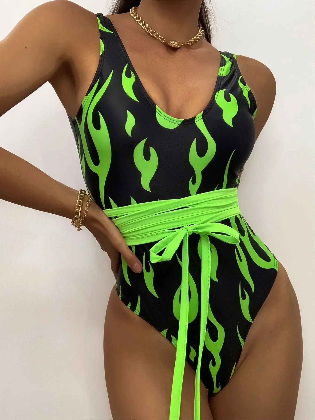 Flame-print One-piece Swimsuit U-neck Slim Beach Bikini Suspender Backless Monokini Swimwear Bodysuit