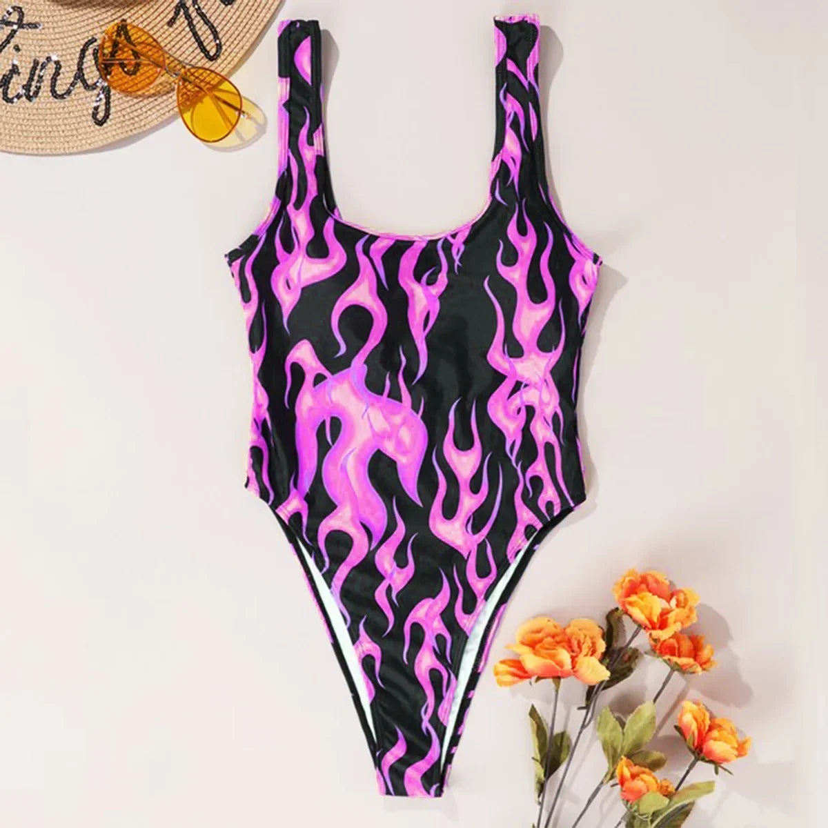 Flame-print One-piece Swimsuit U-neck Slim Beach Bikini Suspender Backless Monokini Swimwear Bodysuit