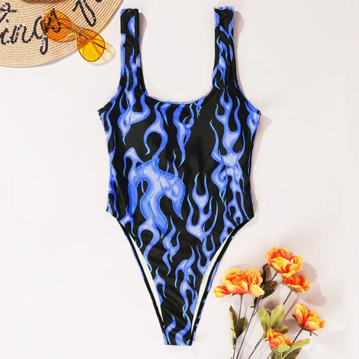 Flame-print One-piece Swimsuit U-neck Slim Beach Bikini Suspender Backless Monokini Swimwear Bodysuit