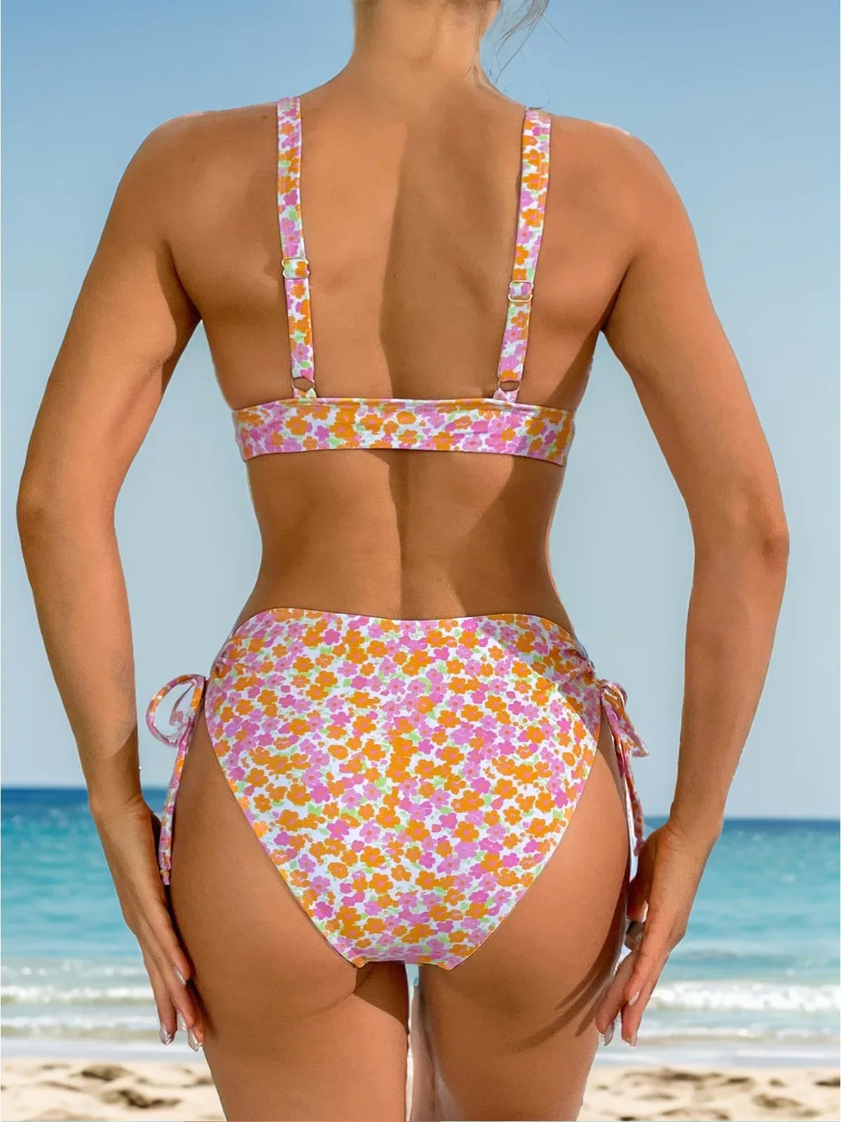Floral Print 2-piece Swimsuit Deep V High Waist Lace-up Bikini Set