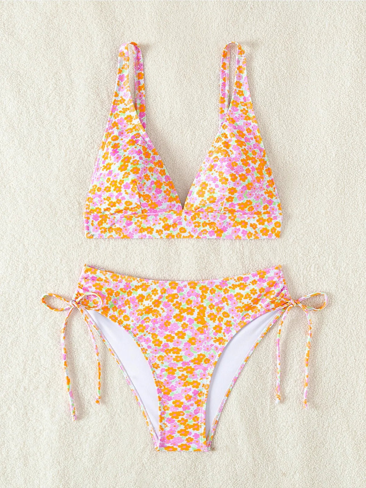 Floral Print 2-piece Swimsuit Deep V High Waist Lace-up Bikini Set