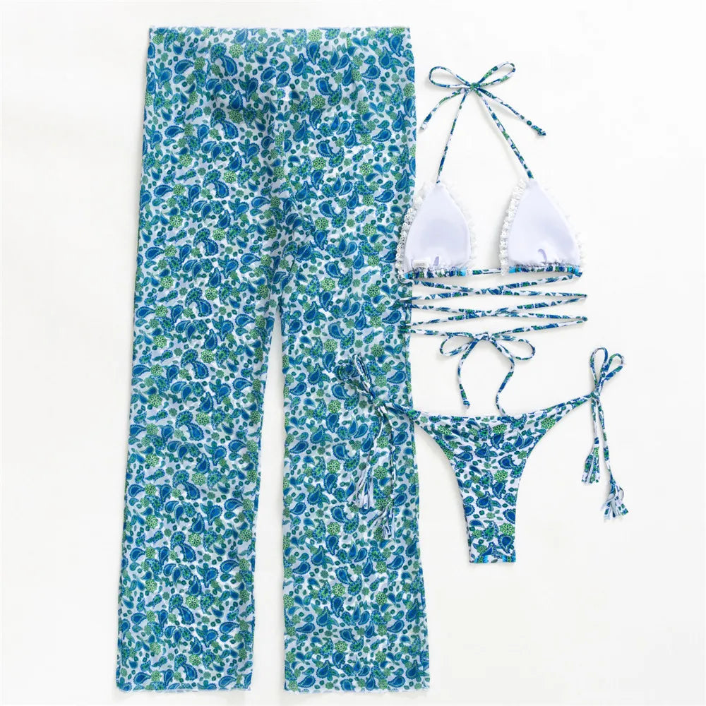 Floral Print 3 Piece Micro Thong Bikini Set