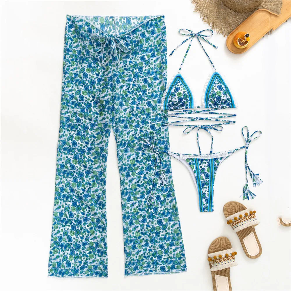 Floral Print 3 Piece Micro Thong Bikini Set