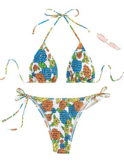 Floral Print Bikini Triangle Bag Halter Bandage Swimwear 2 Piece Swimsuit Low Waist Backless Thong Bathing Suit