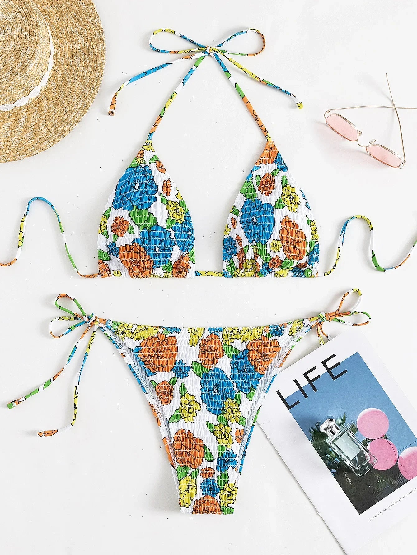 Floral Print Bikini Triangle Bag Halter Bandage Swimwear 2 Piece Swimsuit Low Waist Backless Thong Bathing Suit