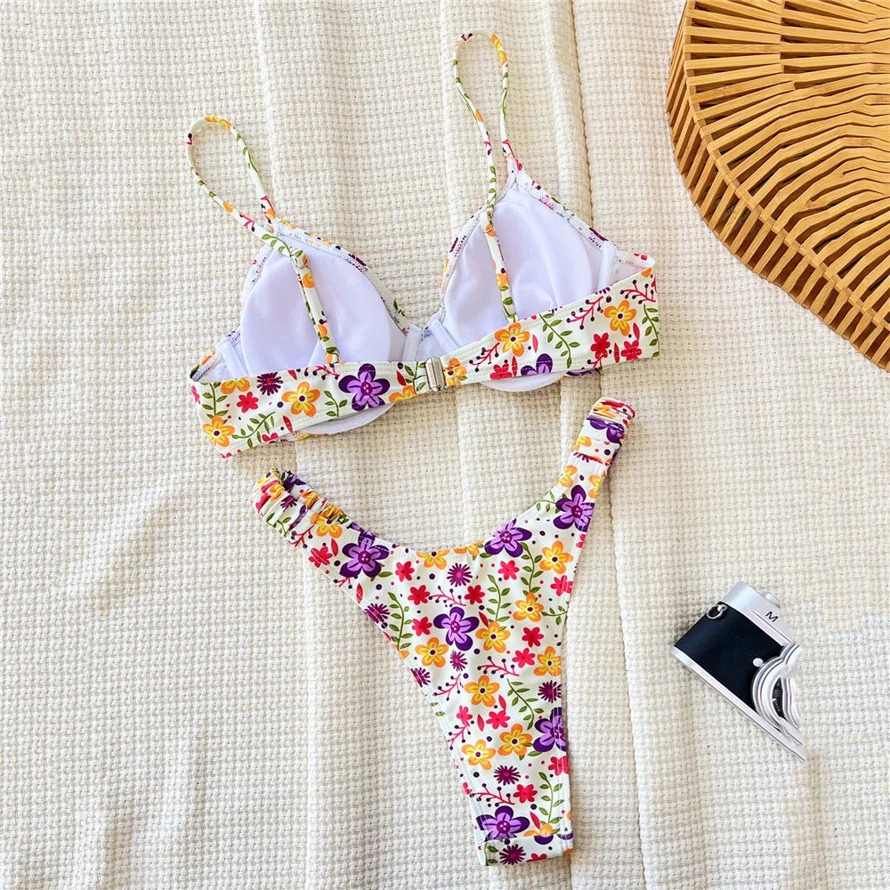Floral Print Swimwear Push Up Bikini Set