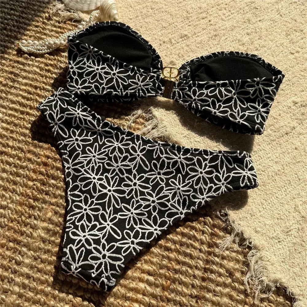 Flower Embroidery Bandeau Bikinis Sets