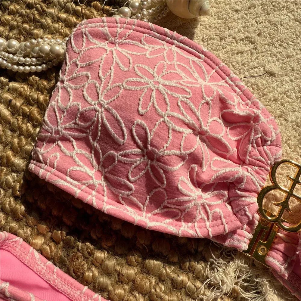 Flower Embroidery Bandeau Bikinis Sets
