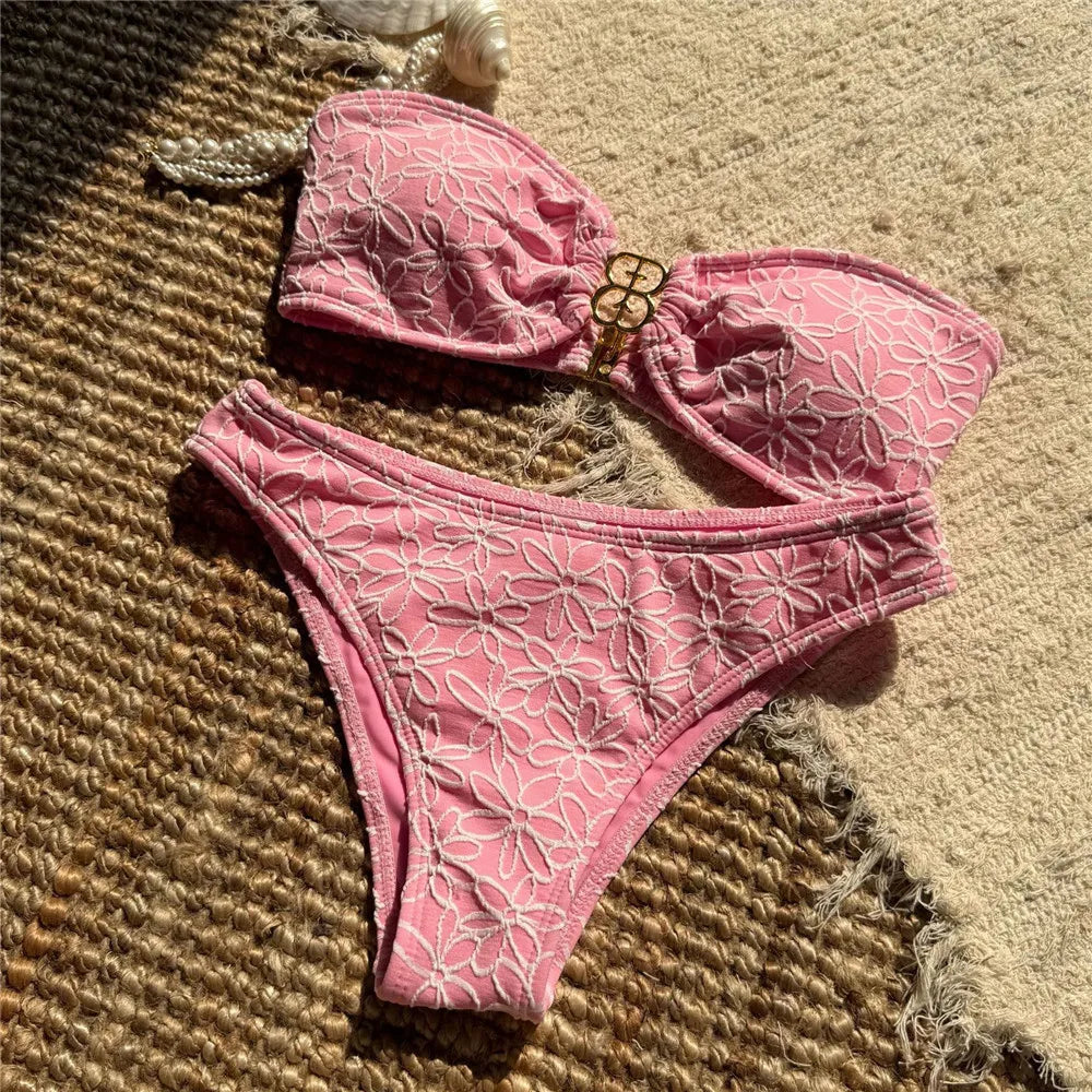 Flower Embroidery Bandeau Bikinis Sets