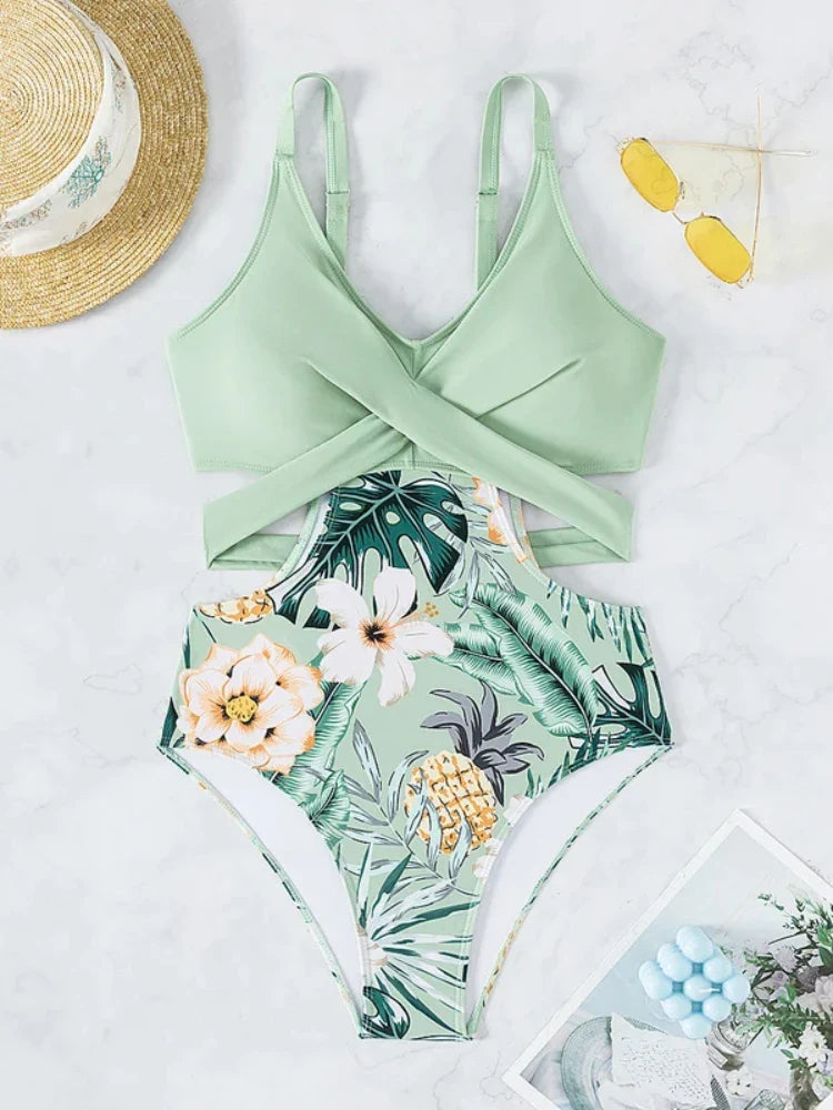Flower Print Green One Piece Swimsuit