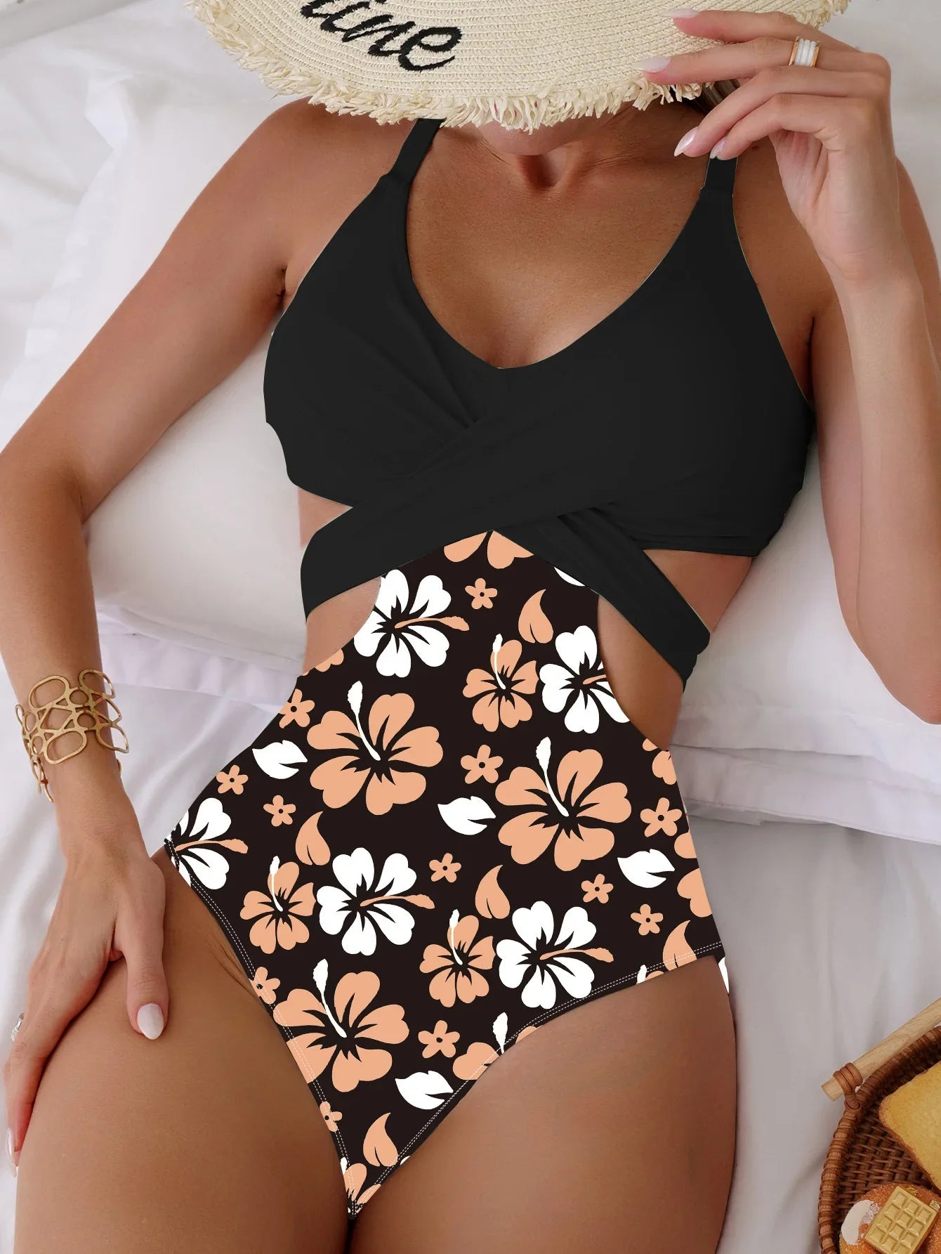 Flower Print Green One Piece Swimsuit