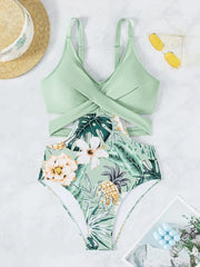 Flower Print Green One Piece Swimsuit