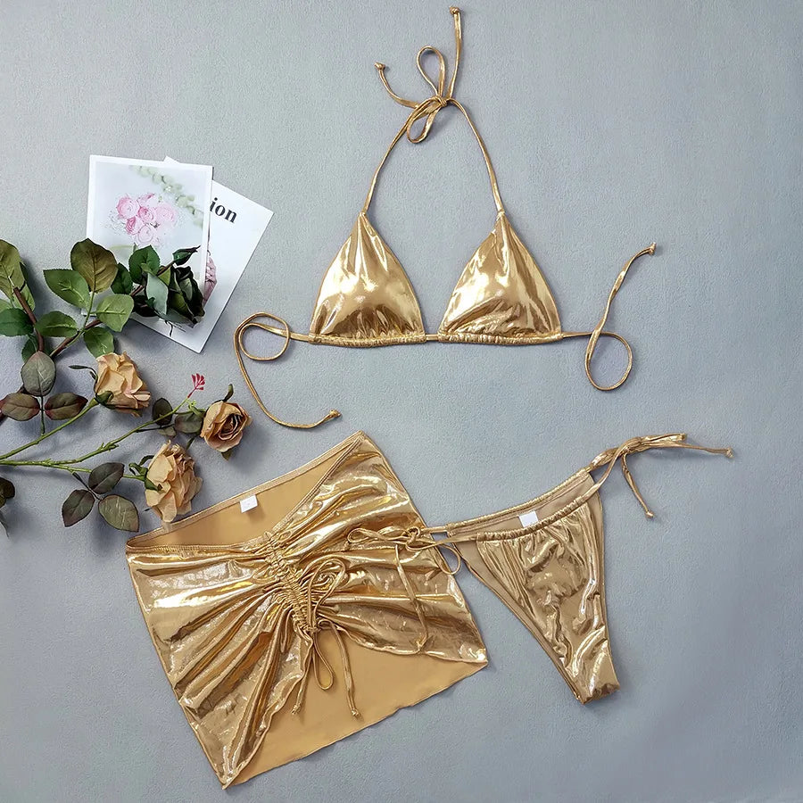 Gold Micro Thong String 3 Piece Bikini Set