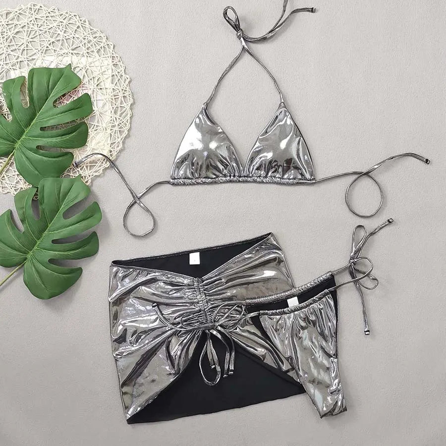 Gold Micro Thong String 3 Piece Bikini Set