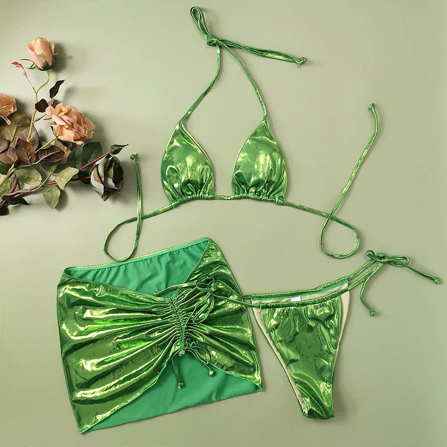 Gold Micro Thong String 3 Piece Bikini Set