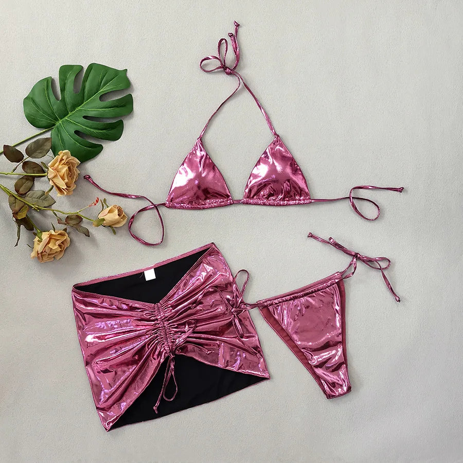 Gold Micro Thong String 3 Piece Bikini Set