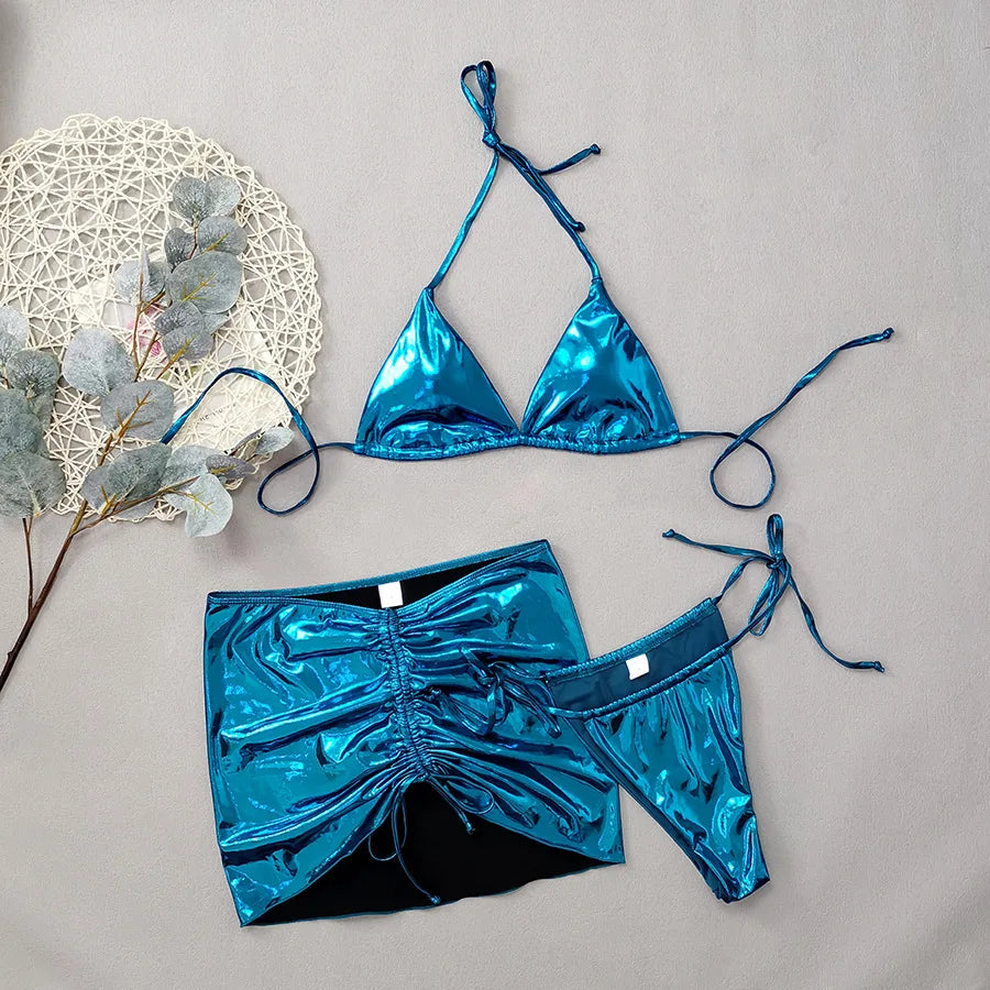 Gold Micro Thong String 3 Piece Bikini Set