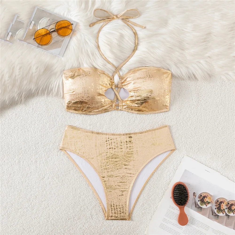 Gold Shiny Halter String Bikinis Sets
