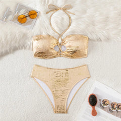 Gold Shiny Halter String Bikinis Sets