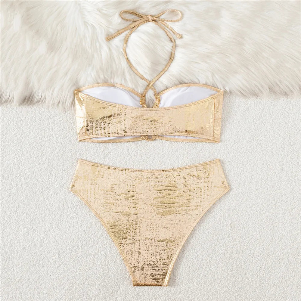 Gold Shiny Halter String Bikinis Sets