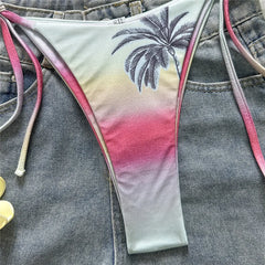 Gradient Color Coconut Tree Print Bandeau Bikini Micro Thong Swimsuit Swimwear Bikinis Sets