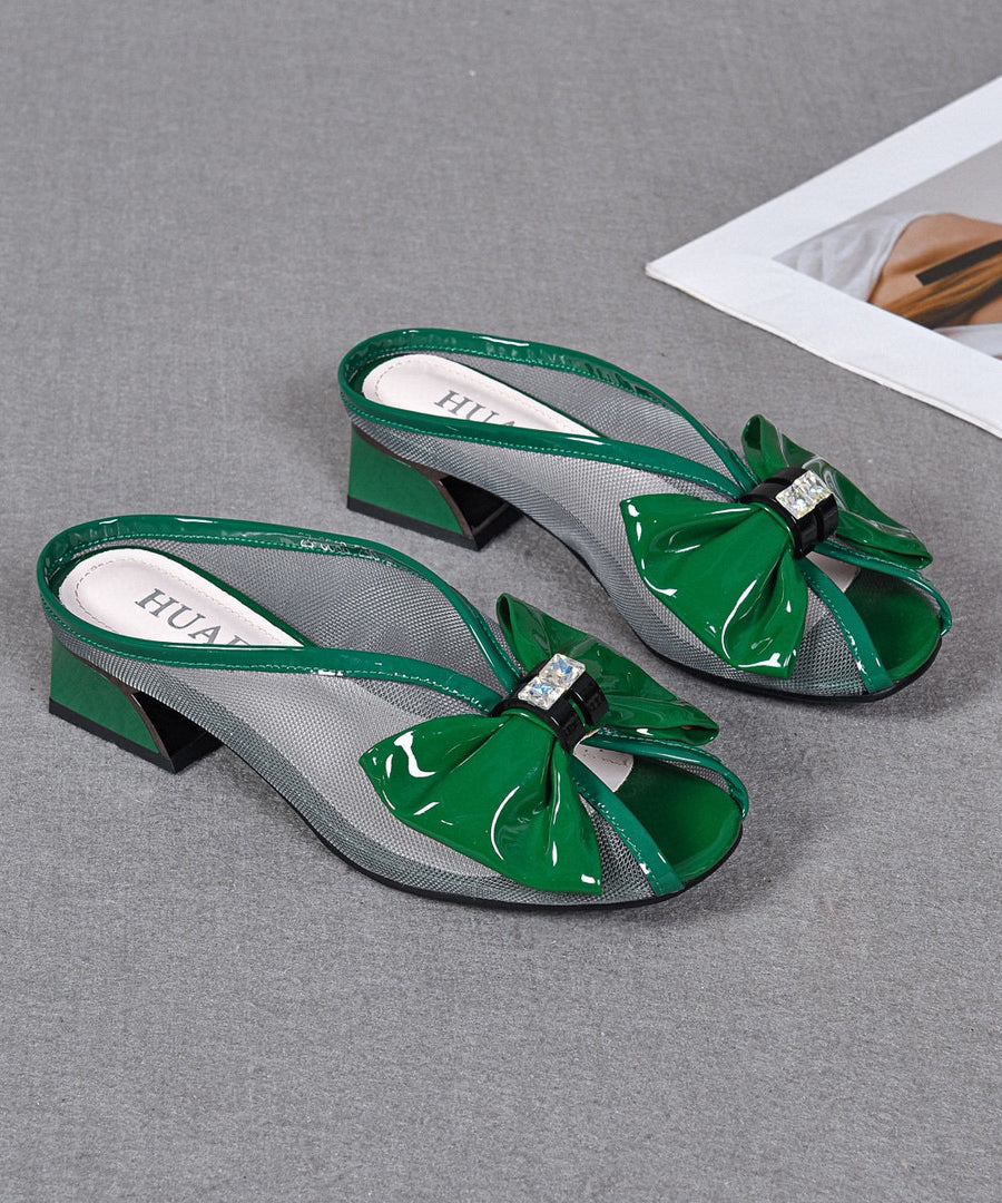 Green Chunky Tulle Bow Splicing Slide Sandals