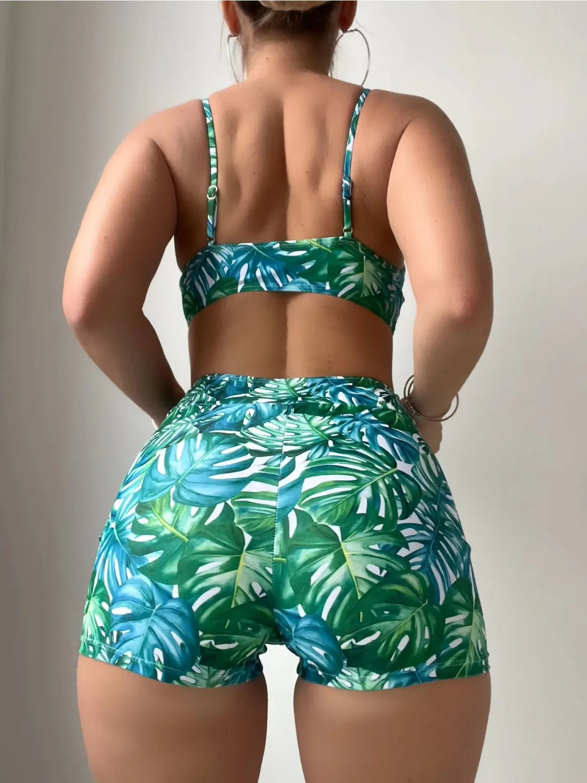 Green Leaf Print 2 Piece Swimsuit Women