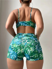 Green Leaf Print 2 Piece Swimsuit Women