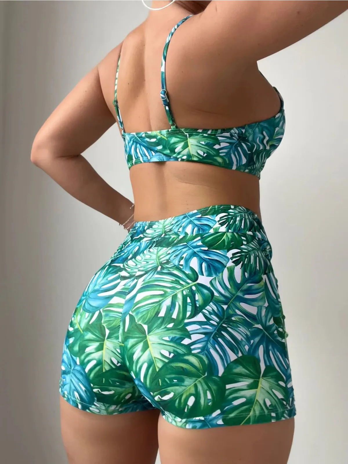 Green Leaf Print 2 Piece Swimsuit Women