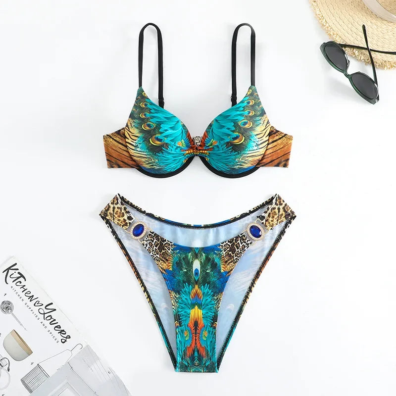 Green Peacock Print 2-piece Bikini