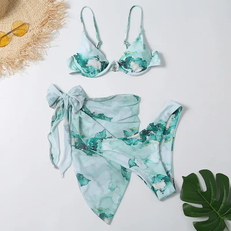 Green Print Push Up Swimsuits Push Up Bikinis Set