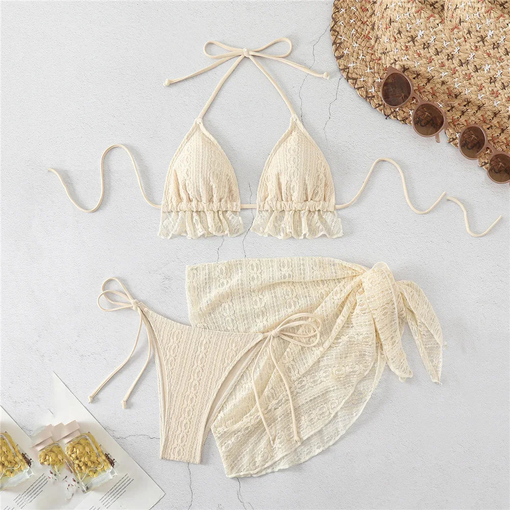 Halter String Triangle 3 Piece Bikini Set