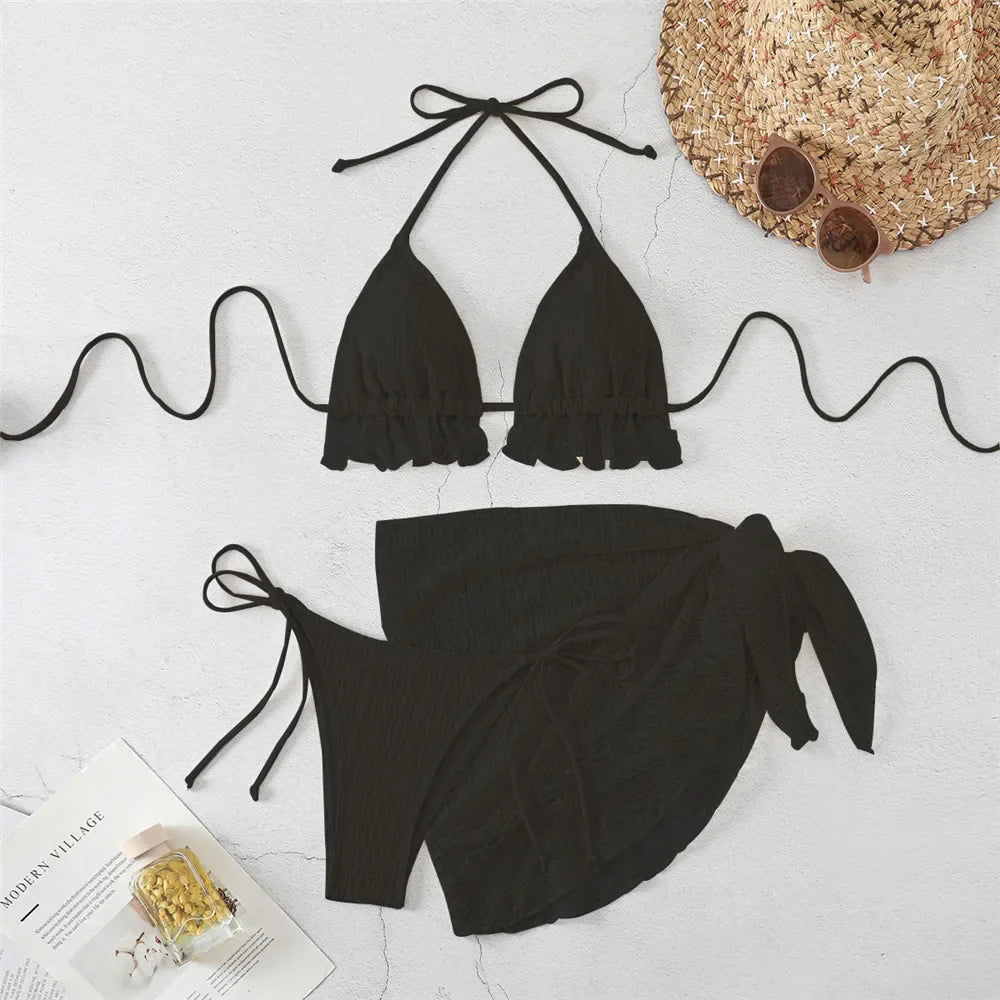 Halter String Triangle 3 Piece Bikini Set