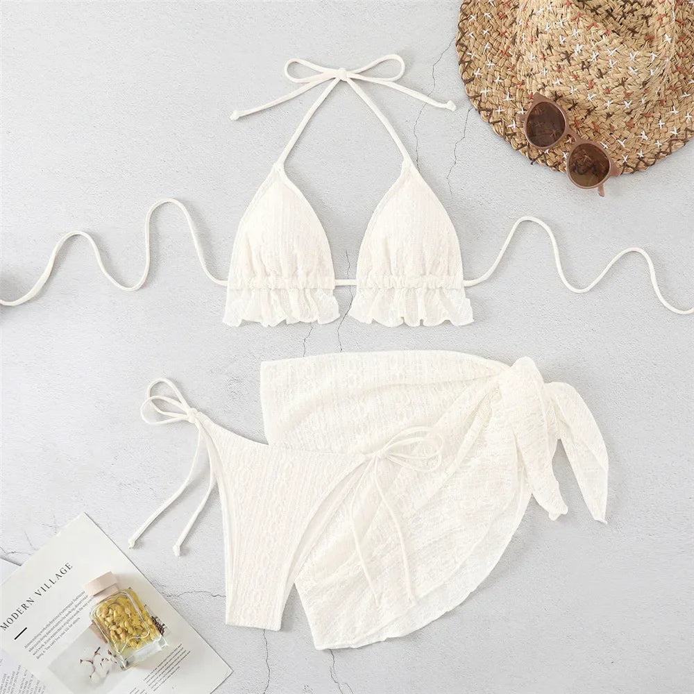 Halter String Triangle 3 Piece Bikini Set