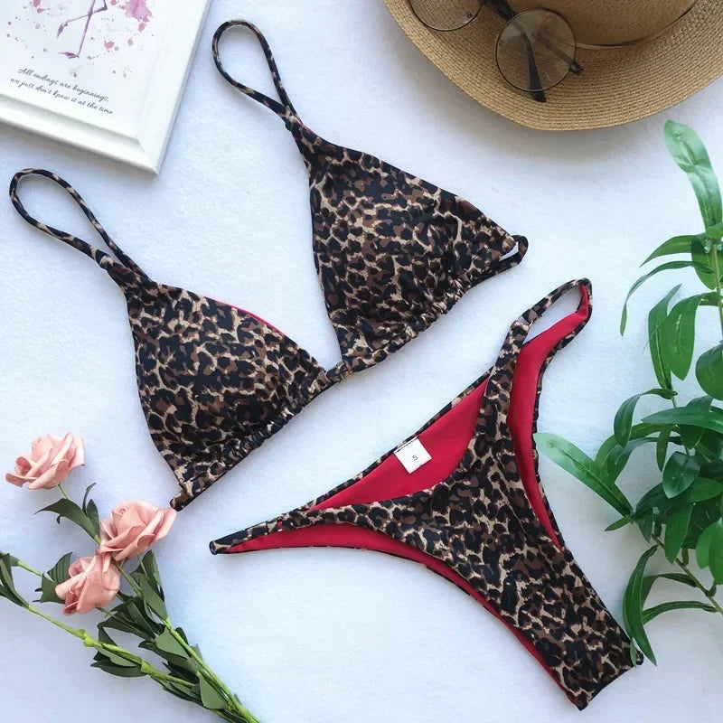 High Cut Micro Bikini Brown Leopard Bandage Push Up Bra Swimsuit Bathing Suit Padded Thong Swimwear Biquini 2026
