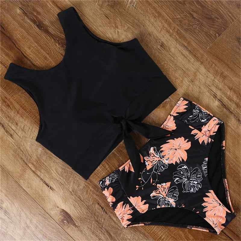 High Waist Bikini Swimwear Striped Leopard Front Tie Push Up Two Piece Swimsuit Beach Bathing Suit Vacation Outfits