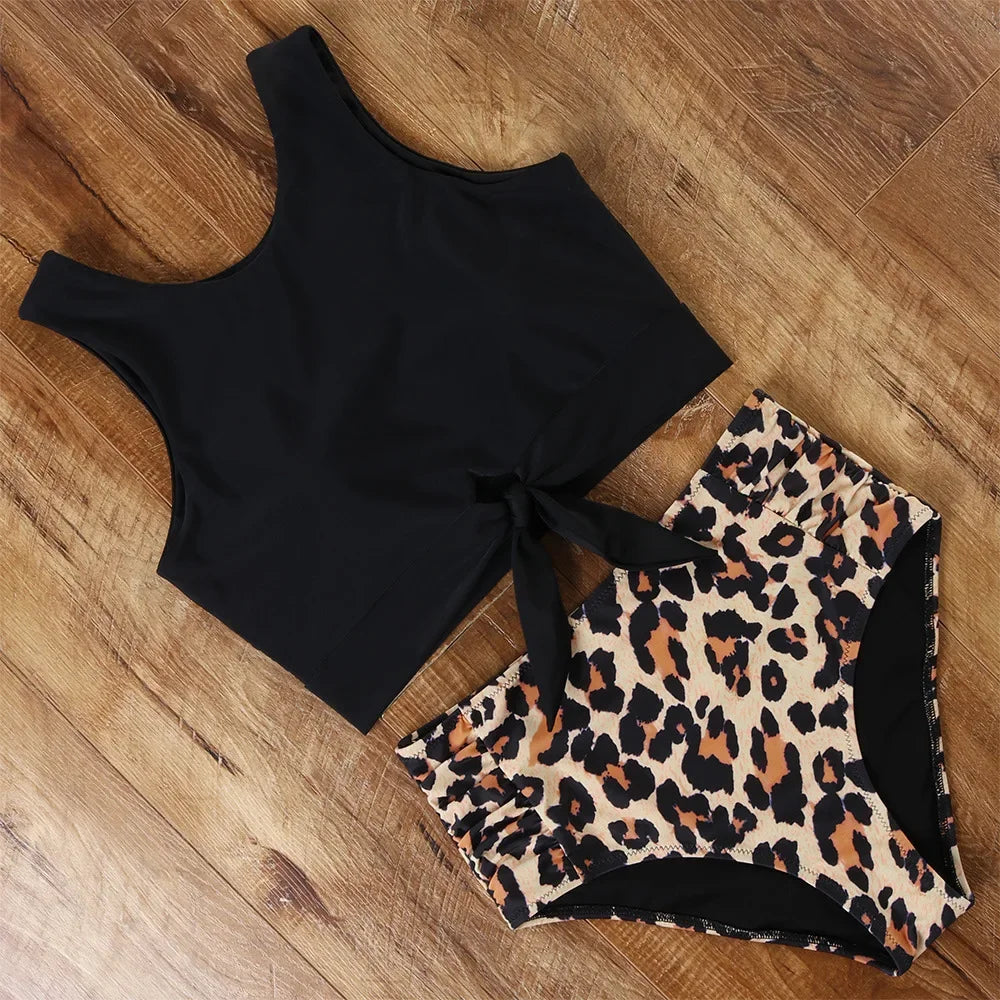 High Waist Bikini Swimwear Striped Leopard Front Tie Push Up Two Piece Swimsuit Beach Bathing Suit Vacation Outfits