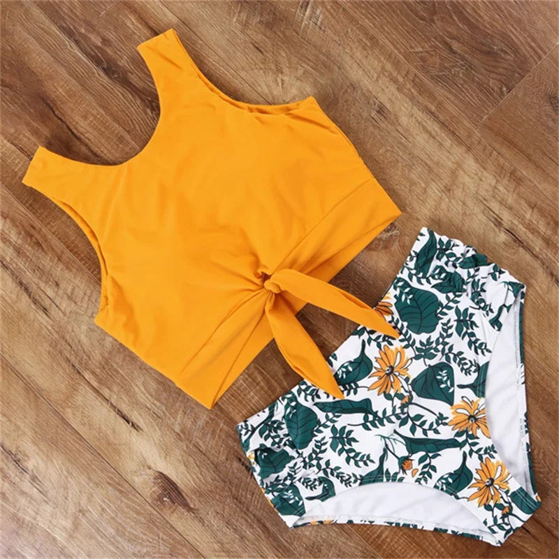 High Waist Bikini Swimwear Striped Leopard Front Tie Push Up Two Piece Swimsuit Beach Bathing Suit Vacation Outfits
