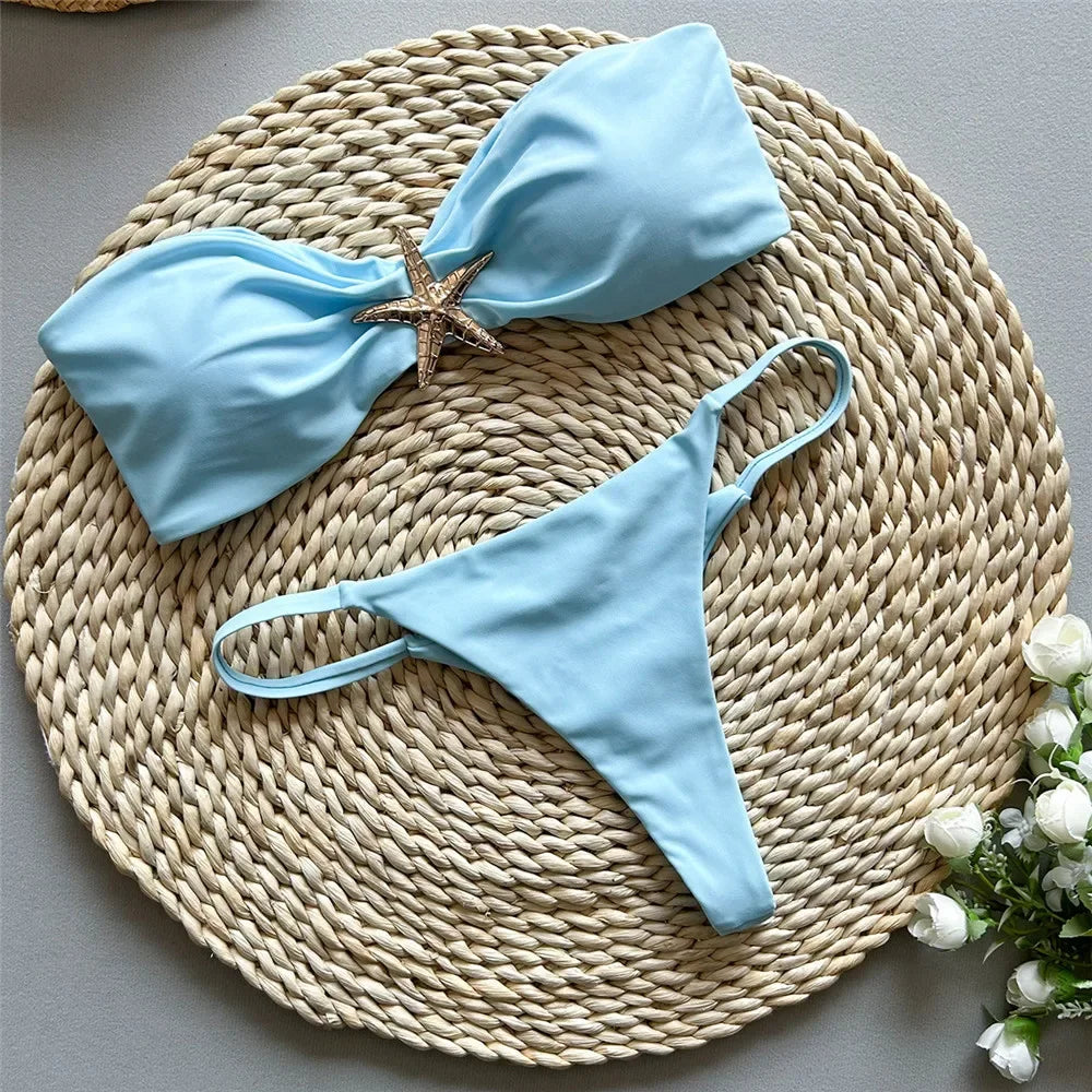 Holiday Black Swimwear Metal Starfish Bandeau Bikini Mini Micro Thong Swimsuit Bathing Suit Bikinis Sets