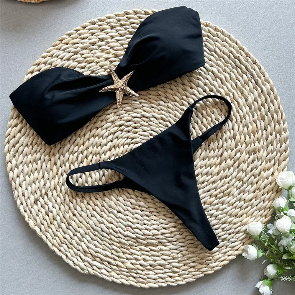 Holiday Black Swimwear Metal Starfish Bandeau Bikini Mini Micro Thong Swimsuit Bathing Suit Bikinis Sets