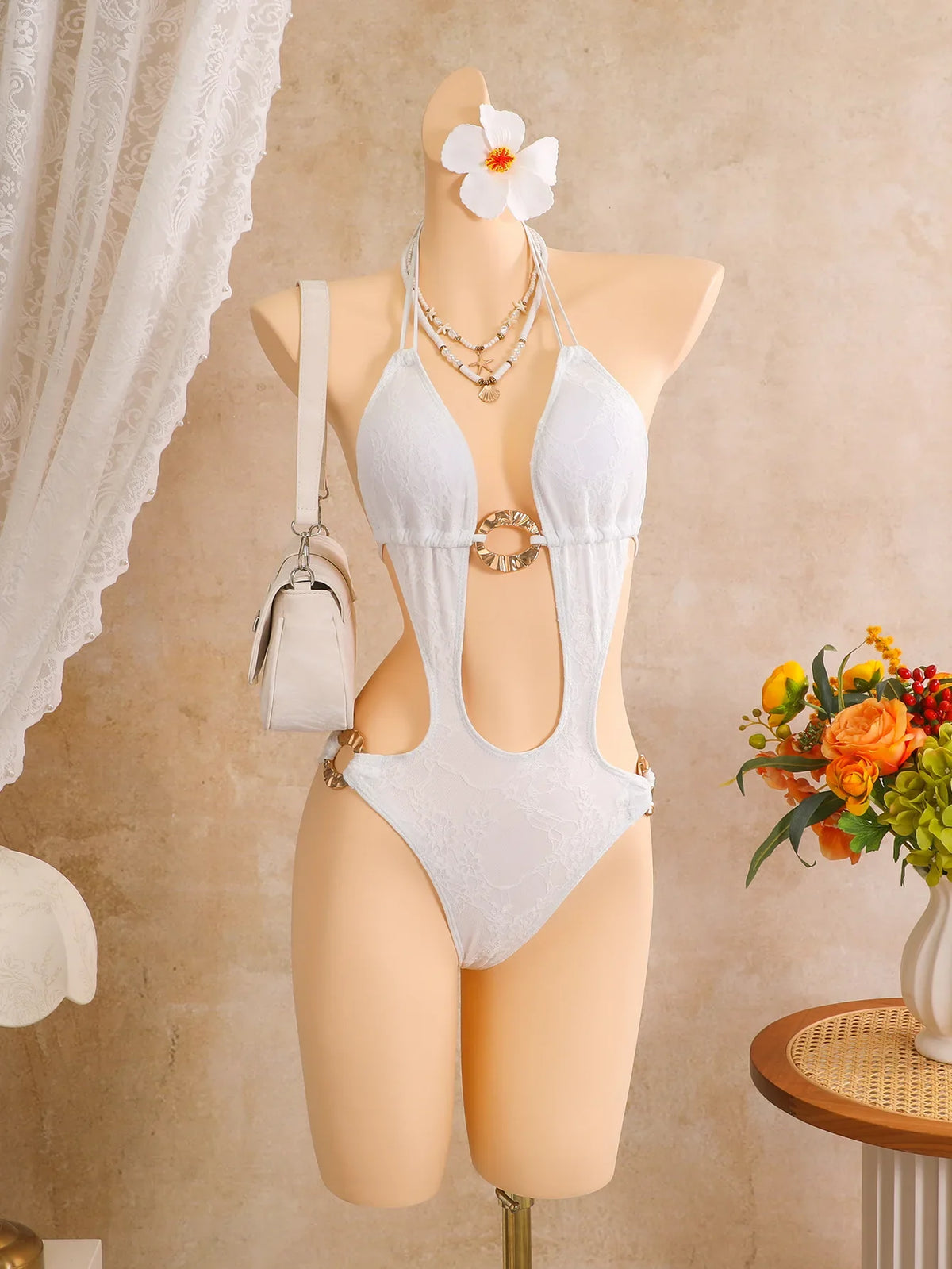 Hollow Cutout One Piece Suits Swimsuit Deep V Neck Front Large Metal O Ring Halter Tie Straps Side High Cut Leg Monokini Bikini