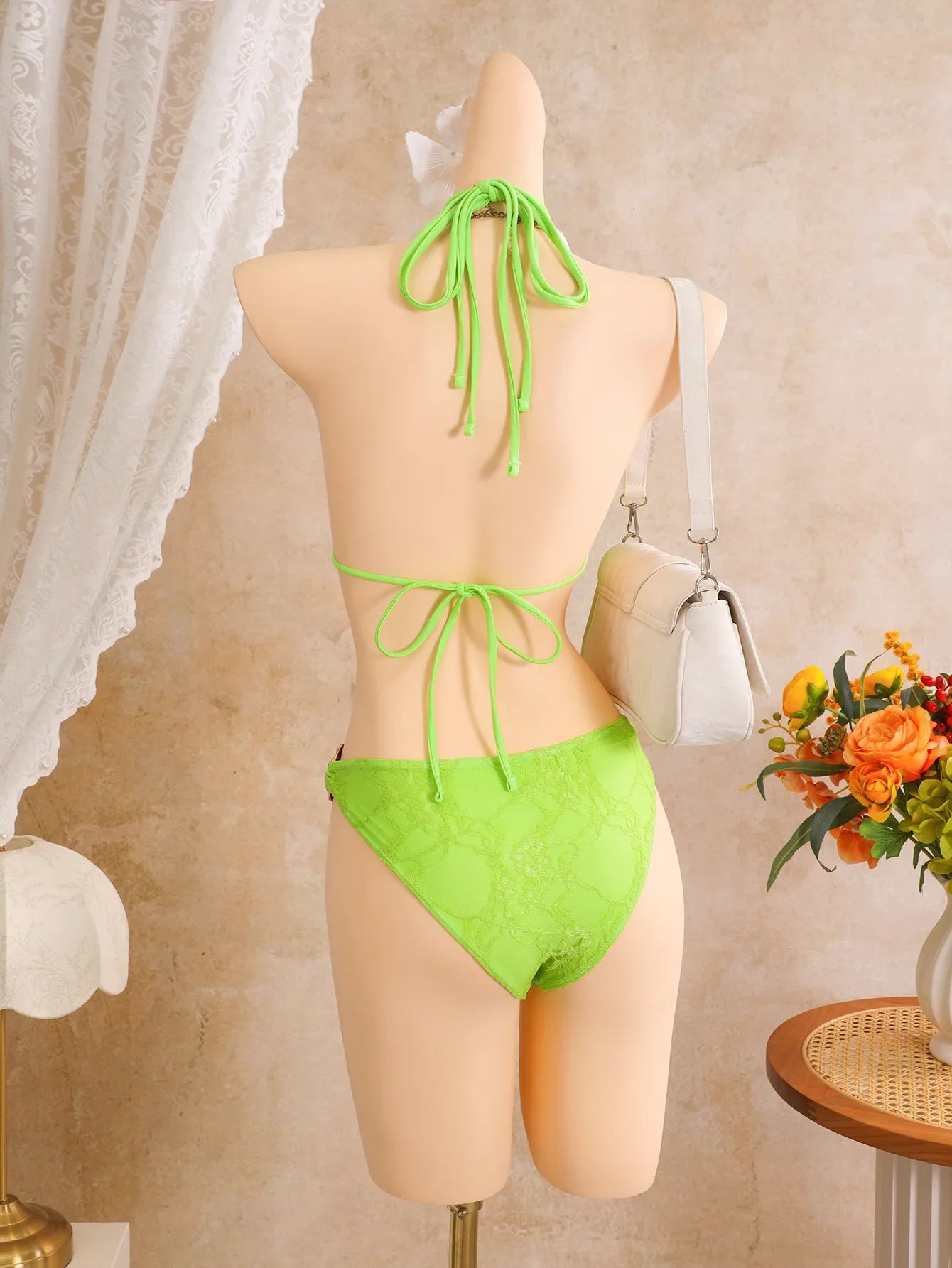 Hollow Cutout One Piece Suits Swimsuit Deep V Neck Front Large Metal O Ring Halter Tie Straps Side High Cut Leg Monokini Bikini