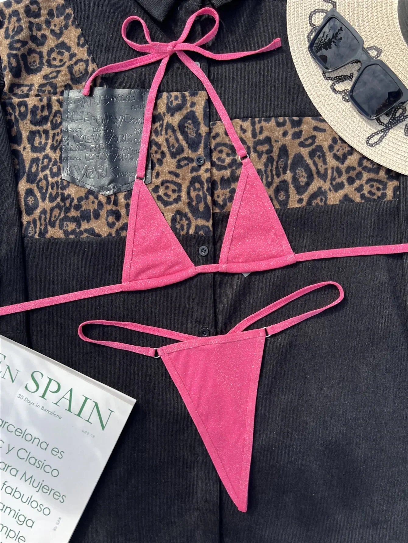 Pink Shiny Mini Bikini 2-Piece Swimsuit Micro-triangle Cup Suspender Backless Low Waist Thong Beach Swimwear